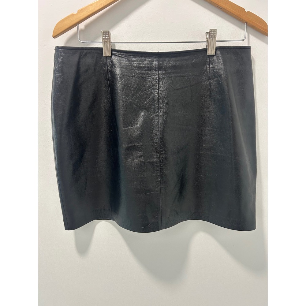 Apostrophe Black Genuine Leather Mini Skirt Size 12 Rear Zip Lined RN 15099